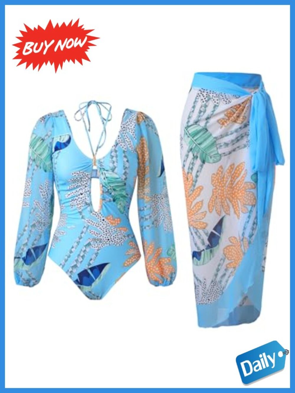 One Piece Swimsuit Set with Chiffon Cover Up Skirt Long Sleeve
